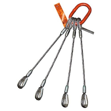 Hsi Four Leg Wire Rope Sling, 3/8 in dia, 4 ft Length, Heavy Duty Thimble, 5 ton Capacity, Domestic 400HT3/8XD-04
